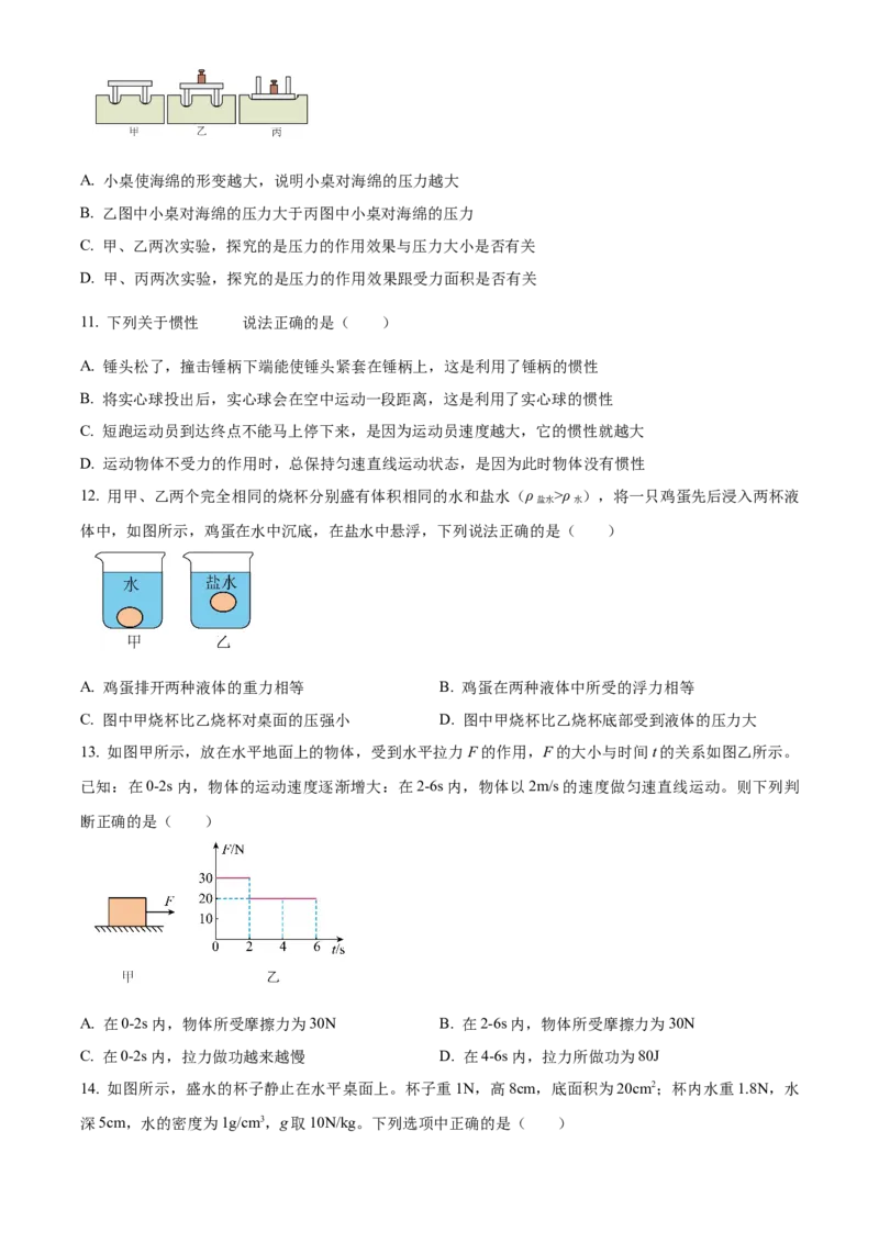 精品解析：北京市西城区2022-2023学年八年级下学期物理期末试题（原卷版）(1)_北京初中期末题_C605-京七八九_B京物理八九_物理_八年级下学期物理_2022-2023