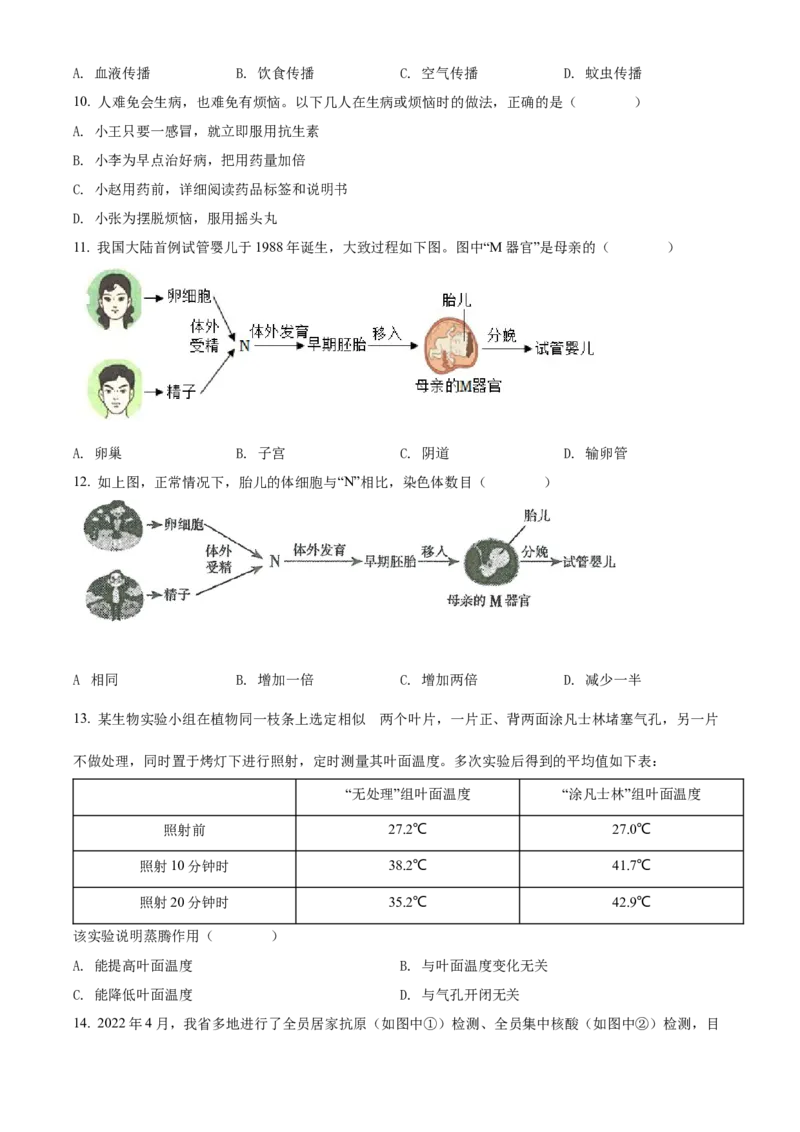2022年山西省阳泉市、长治市中生物真题题（空白卷）_❤山西历年中考真题_8.山西中考生物2018-2025