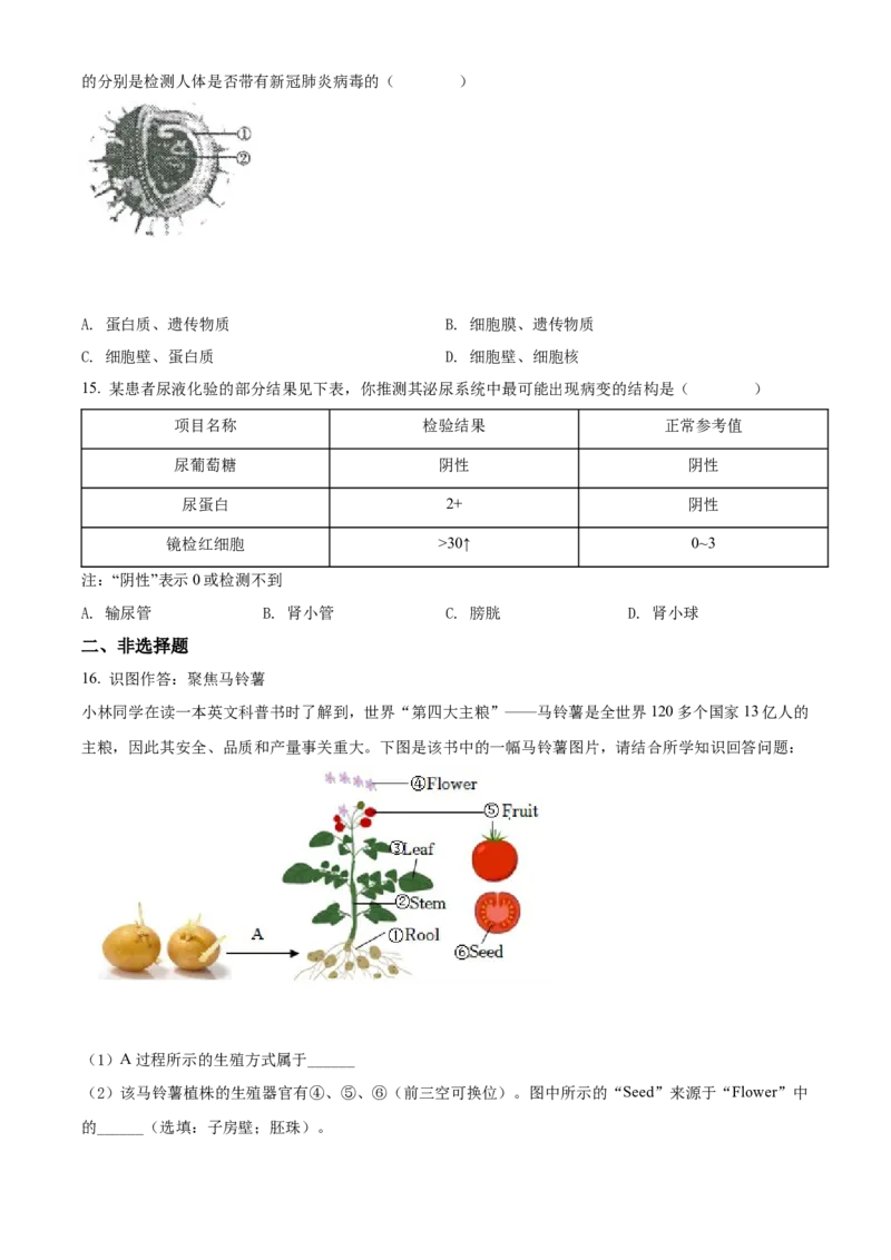 2022年山西省阳泉市、长治市中生物真题题（空白卷）_❤山西历年中考真题_8.山西中考生物2018-2025