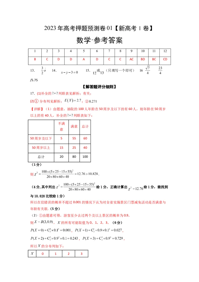 2023年高考押题预测卷01（新高考Ⅰ卷）-数学（参考答案）_2.2025数学总复习_2023年新高考资料_42023年高考数学押题预测卷