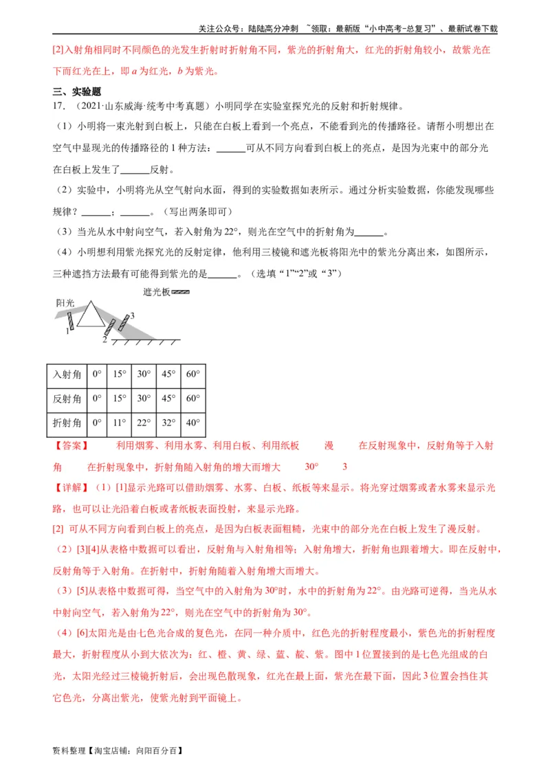 专题4光现象4.5光的色散（教师版）_02中考总复习（2026版更新中）_04-物理-中考总复习_2024年中考复习资料_专项复习资料_完三年（2021&mdash;2023）中考真题分项精编（全国通用）