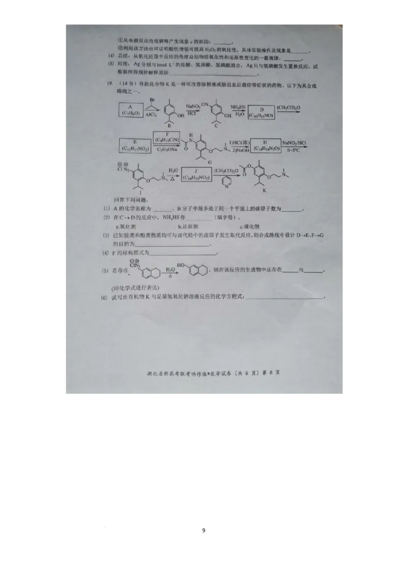 预约2024年湖北省高三9月起点考试-化学试题_A1502026各地模拟卷（超值！）_9月_2409042025届湖北新高考联考协作体高三上学期开学考试
