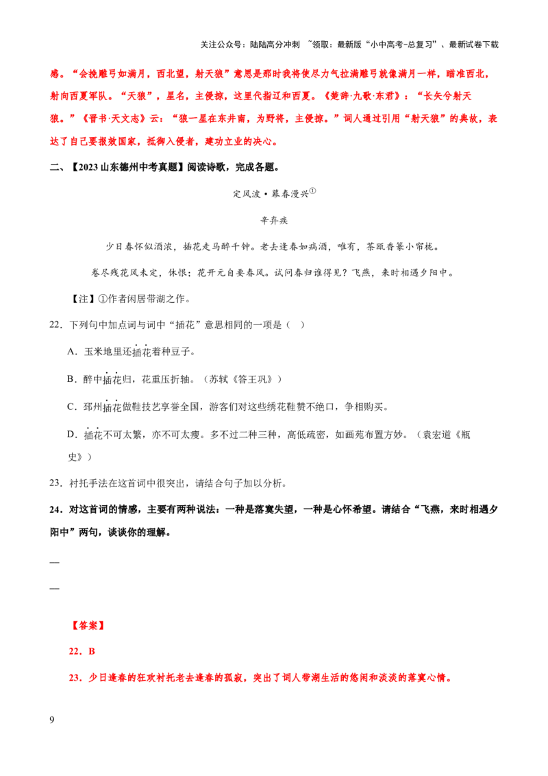 专题41诗歌之情感分析（知识梳理+练习）(解析版）_02中考总复习（2026版更新中）_01-语文-中考总复习_2025年中考资料_备战2025年中考语文一轮复习考点突破（全国通用）