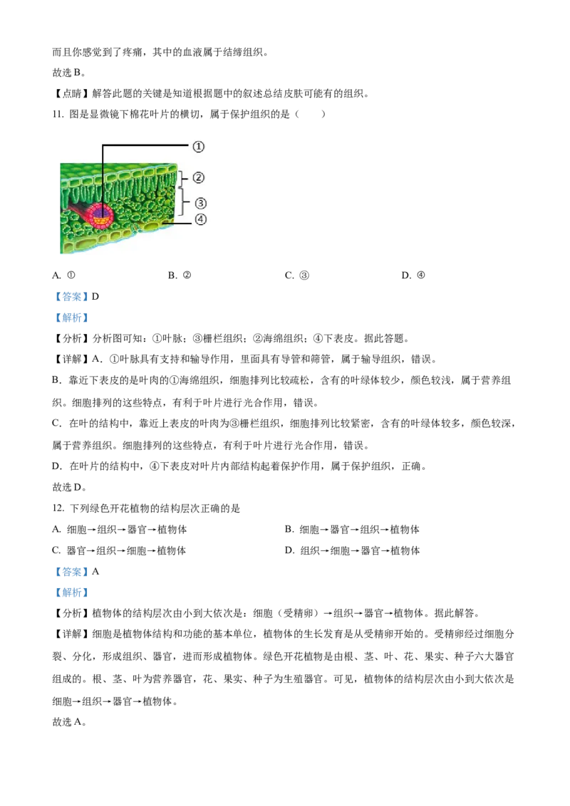 精品解析：北京市顺义区2021-2022学年七年级上学期期末生物试题（解析版）(1)_北京初中期末题_C605-京七八九_B京生物七八九_北京7上生物_2021-2022