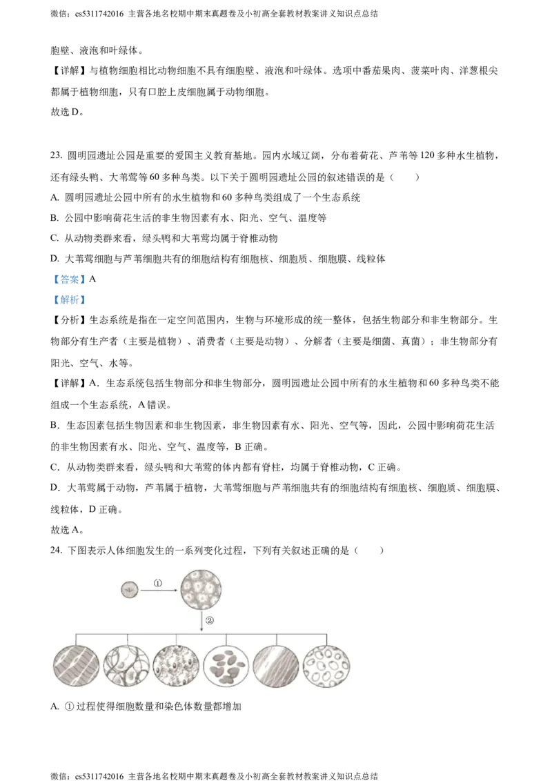 精品解析：北京市通州区2022-2023学年七年级上学期期中生物试题（解析版）(1)_北京初中期末题_C605-京七八九_B京生物七八九_北京7上生物_2022-2024_北京生物7上期中