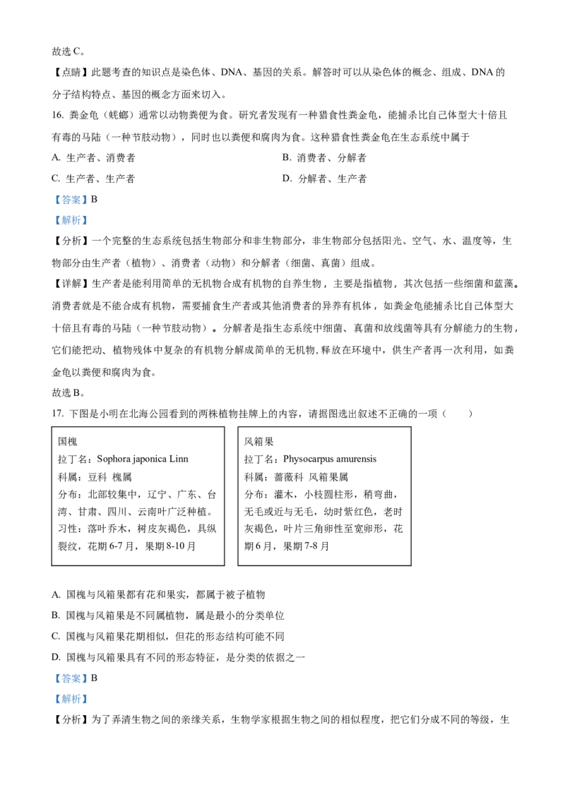 精品解析：北京市第十五中学2021-2022学年八年级下学期期中生物试题（解析版）(1)_北京初中期末题_C605-京七八九_B京生物七八九_北京八下生物