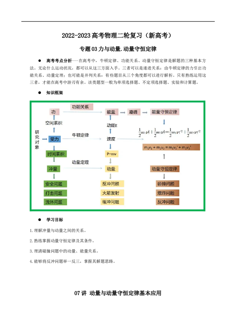 07讲动量与动量守恒定律基本应用解析版_4.2025物理总复习_2023年新高复习资料_二轮复习_2023届高三物理二轮复习精讲精练（新高考）