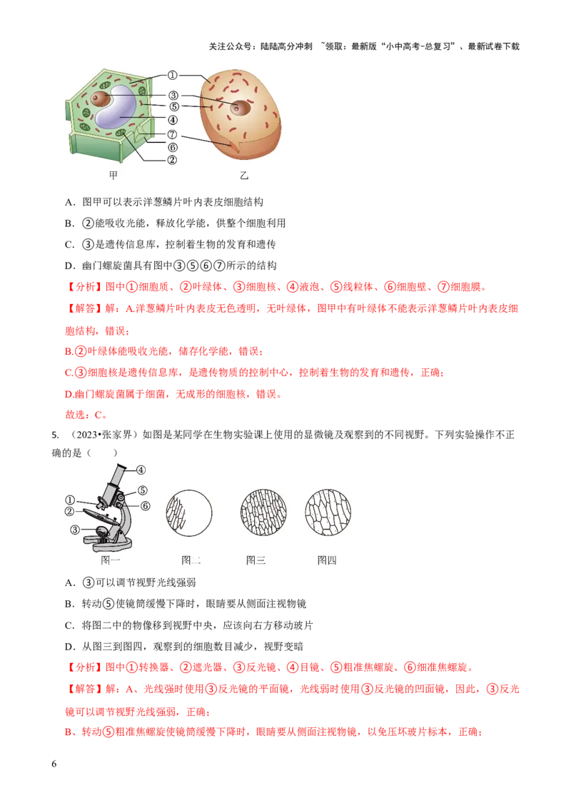 专题一生物体的结构层次（解析版）_02中考总复习（2026版更新中）_08-生物-中考总复习_2024年中考复习资料_三轮复习_查漏补缺2024年中考生物复习冲刺过关（全国通用）