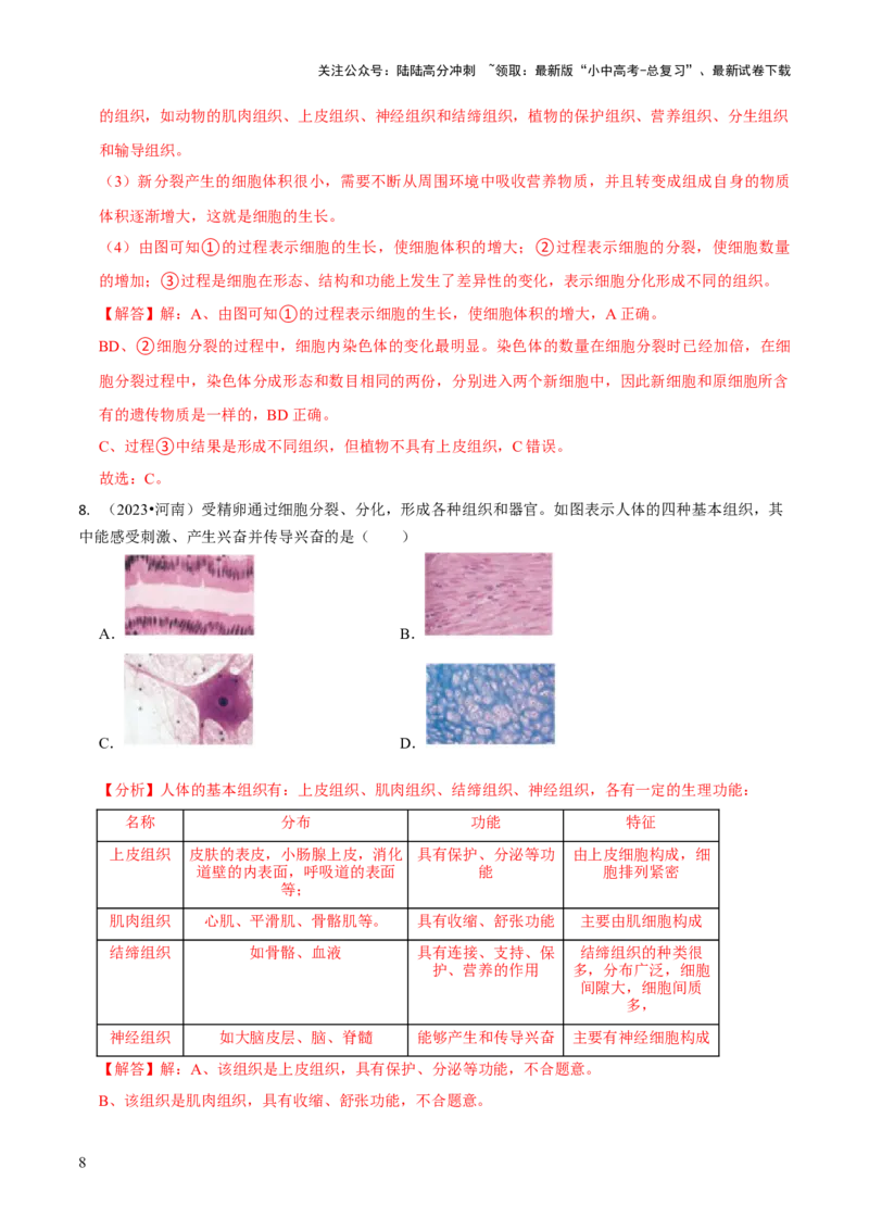 专题一生物体的结构层次（解析版）_02中考总复习（2026版更新中）_08-生物-中考总复习_2024年中考复习资料_三轮复习_查漏补缺2024年中考生物复习冲刺过关（全国通用）