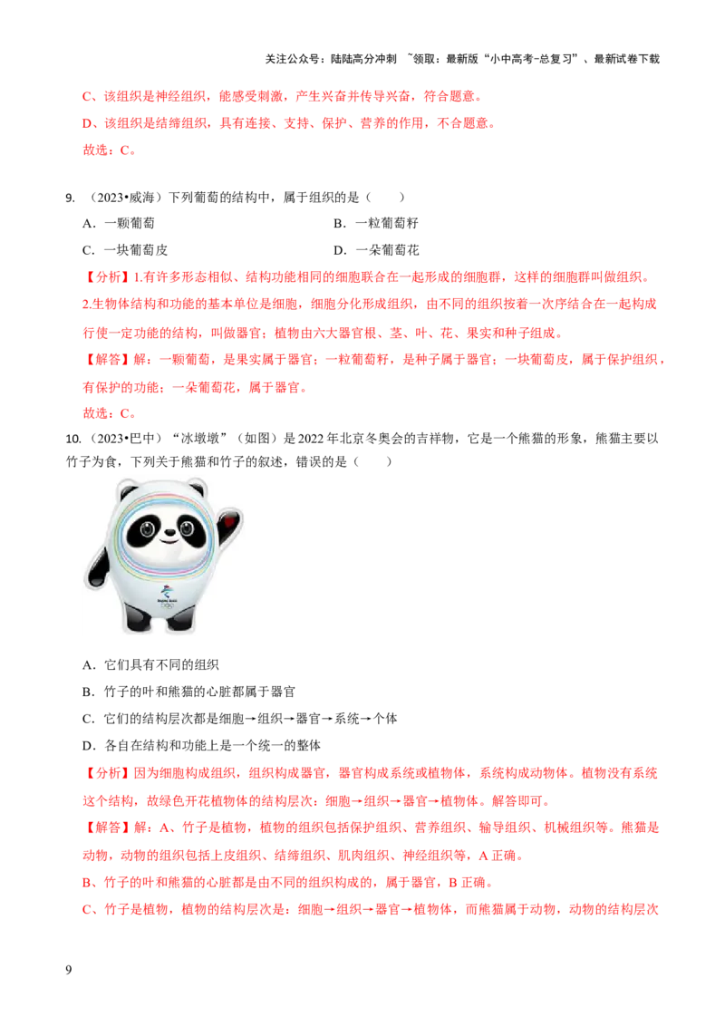 专题一生物体的结构层次（解析版）_02中考总复习（2026版更新中）_08-生物-中考总复习_2024年中考复习资料_三轮复习_查漏补缺2024年中考生物复习冲刺过关（全国通用）