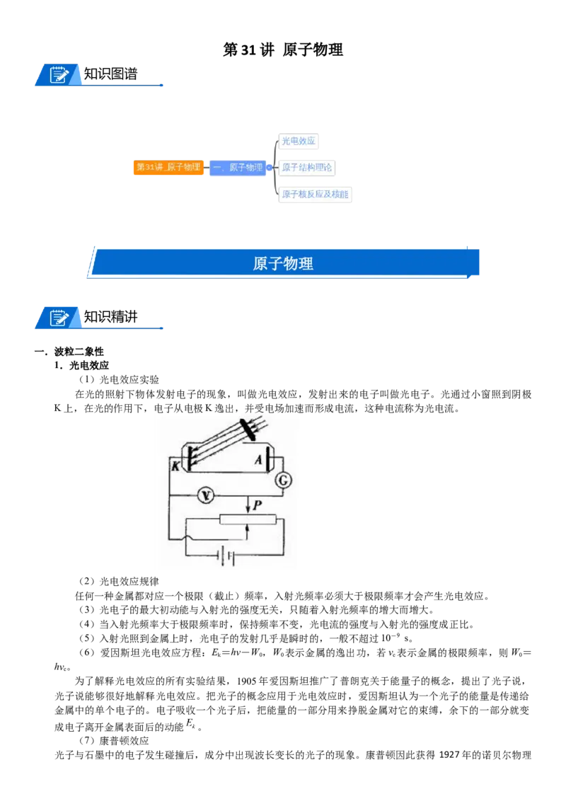 2023届新高考物理重点突破：第31讲原子物理_4.2025物理总复习_2023年新高复习资料_一轮复习_2023届高考物理一轮专题特训