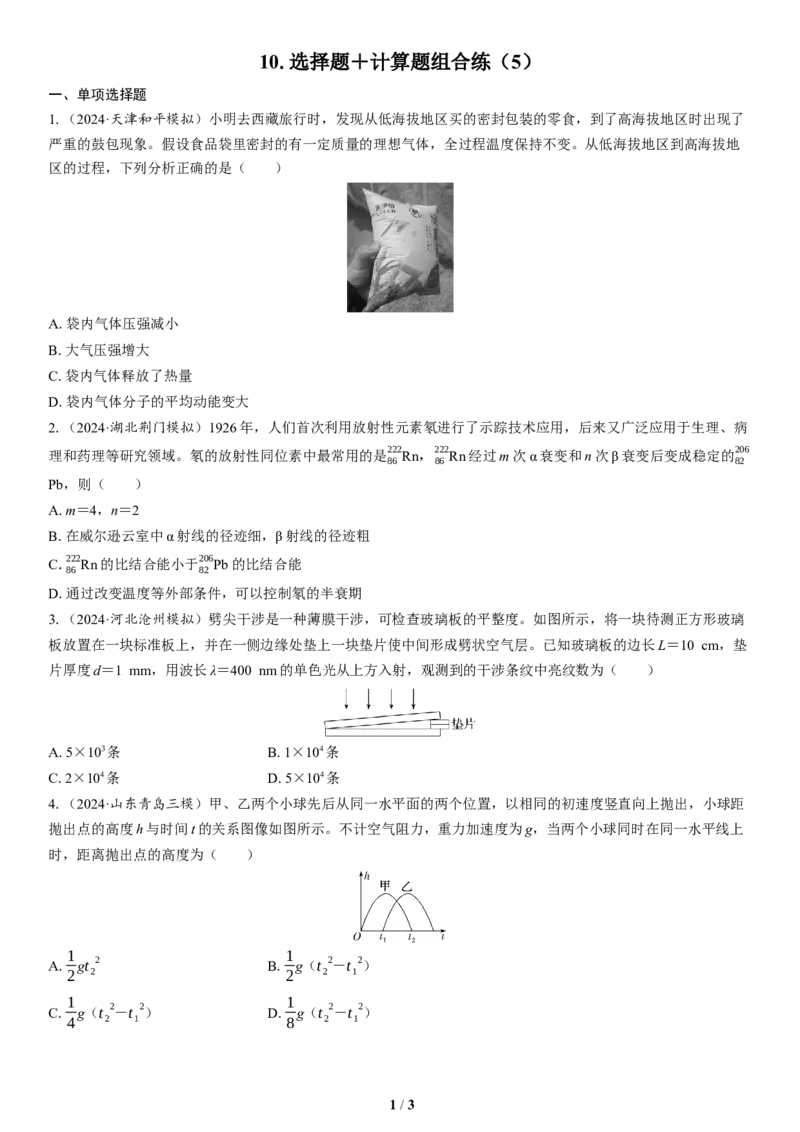 10.选择题＋计算题组合练（5）_4.2025物理总复习_2025年新高考资料_二轮复习_备考2025高考题型组合练讲义习题_学生版