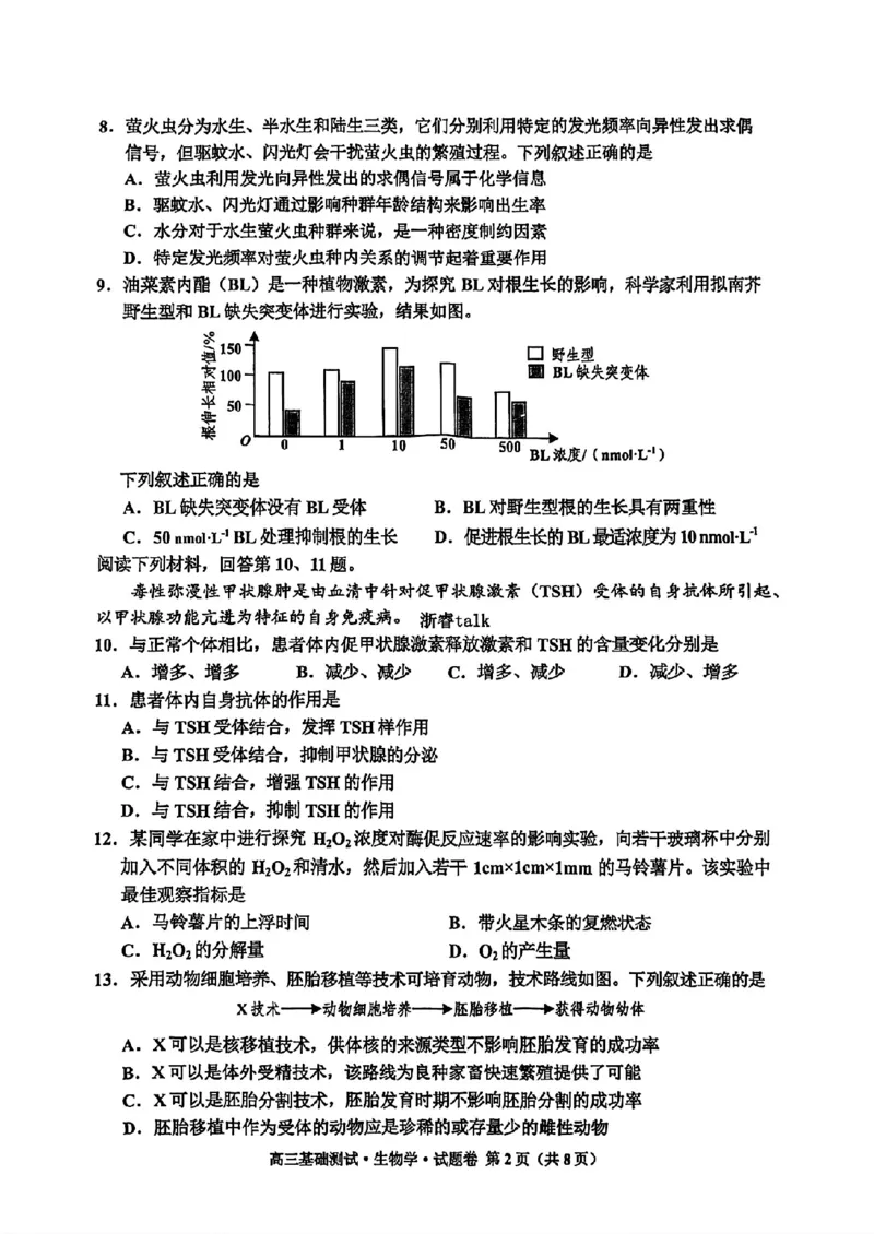 浙江省嘉兴市2024-2025学年高三上学期9月基础测试生物试题_A1502026各地模拟卷（超值！）_9月_240920浙江省嘉兴市2024-2025学年高三上学期9月基础测试