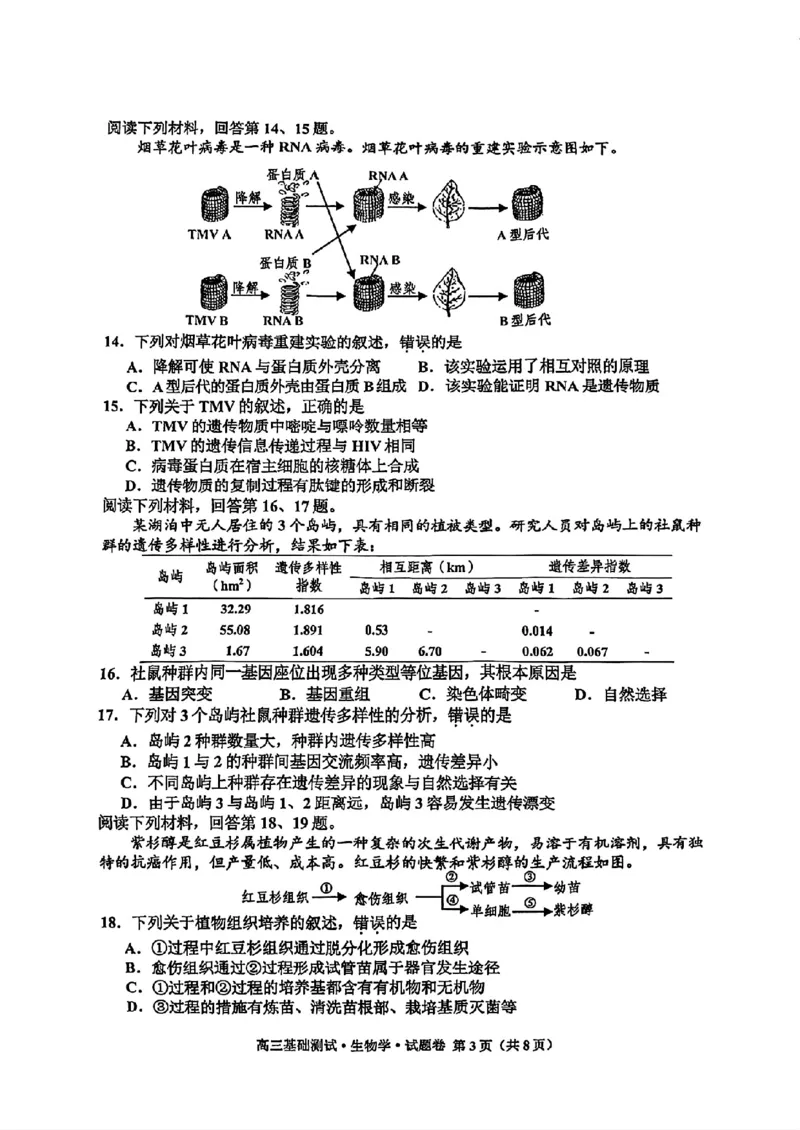 浙江省嘉兴市2024-2025学年高三上学期9月基础测试生物试题_A1502026各地模拟卷（超值！）_9月_240920浙江省嘉兴市2024-2025学年高三上学期9月基础测试