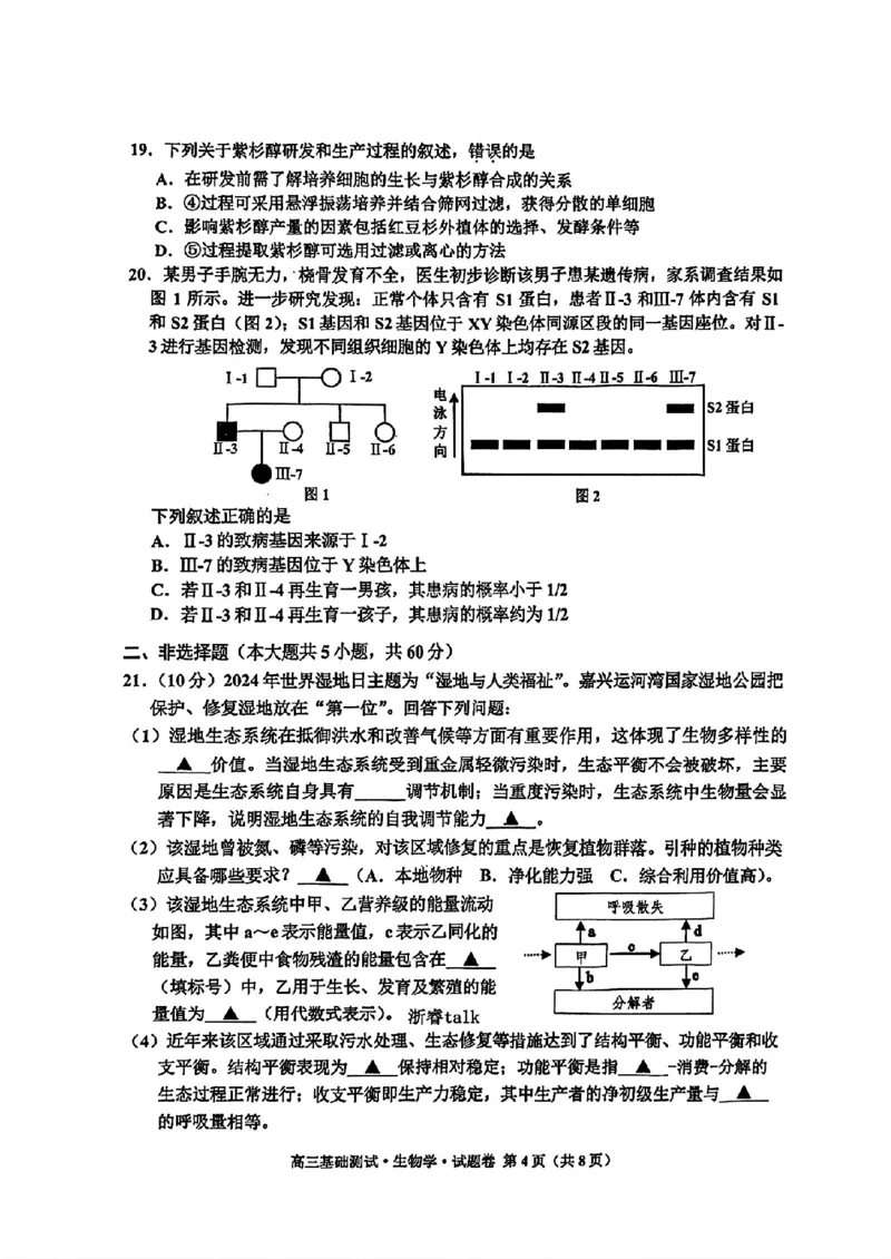 浙江省嘉兴市2024-2025学年高三上学期9月基础测试生物试题_A1502026各地模拟卷（超值！）_9月_240920浙江省嘉兴市2024-2025学年高三上学期9月基础测试