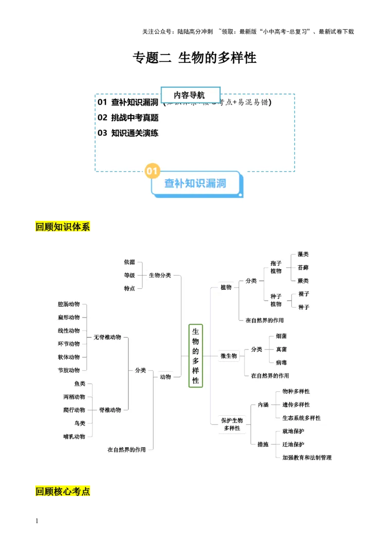 专题二生物的多样性（解析版）_02中考总复习（2026版更新中）_08-生物-中考总复习_2024年中考复习资料_三轮复习_查漏补缺2024年中考生物复习冲刺过关（全国通用）_查补知识&middot;通关练