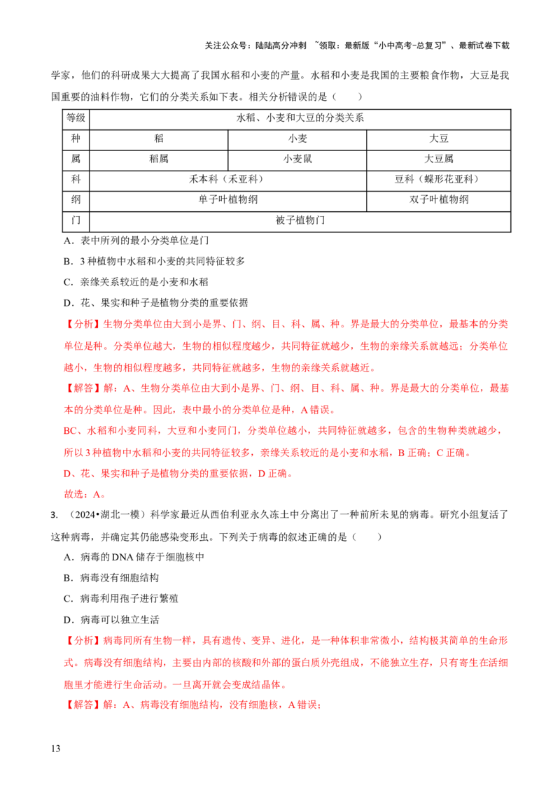 专题二生物的多样性（解析版）_02中考总复习（2026版更新中）_08-生物-中考总复习_2024年中考复习资料_三轮复习_查漏补缺2024年中考生物复习冲刺过关（全国通用）_查补知识&middot;通关练