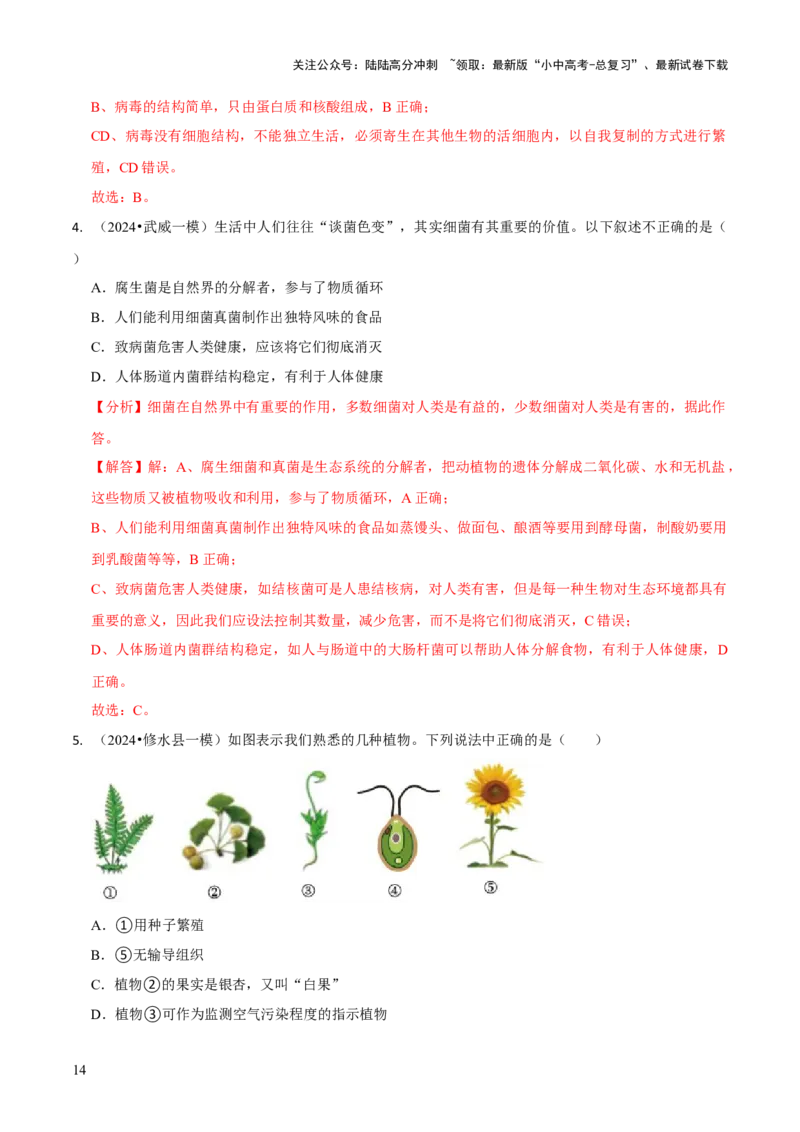 专题二生物的多样性（解析版）_02中考总复习（2026版更新中）_08-生物-中考总复习_2024年中考复习资料_三轮复习_查漏补缺2024年中考生物复习冲刺过关（全国通用）_查补知识&middot;通关练