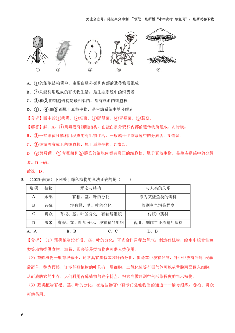 专题二生物的多样性（解析版）_02中考总复习（2026版更新中）_08-生物-中考总复习_2024年中考复习资料_三轮复习_查漏补缺2024年中考生物复习冲刺过关（全国通用）_查补知识&middot;通关练