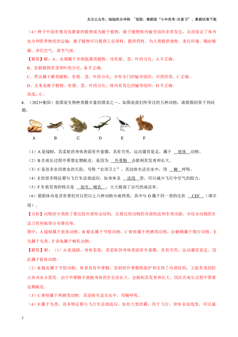 专题二生物的多样性（解析版）_02中考总复习（2026版更新中）_08-生物-中考总复习_2024年中考复习资料_三轮复习_查漏补缺2024年中考生物复习冲刺过关（全国通用）_查补知识&middot;通关练