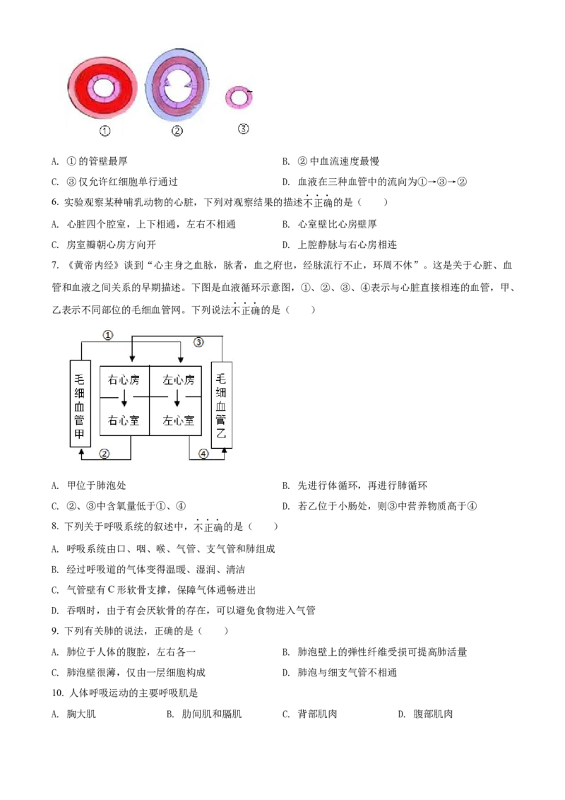 精品解析：北京市朝阳区2019-2020学年七年级下学期期末生物试题（原卷版）(1)_北京初中期末题_C605-京七八九_B京生物七八九_北京7下生物_2019-2020