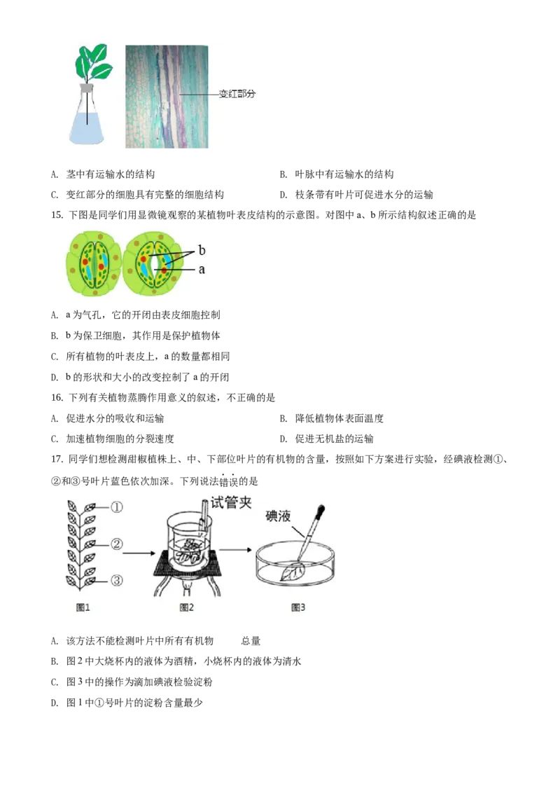 精品解析：北京市海淀区2020-2021学年七年级上学期期末生物试题（原卷版）(1)_北京初中期末题_C605-京七八九_B京生物七八九_北京7上生物_2020-2021