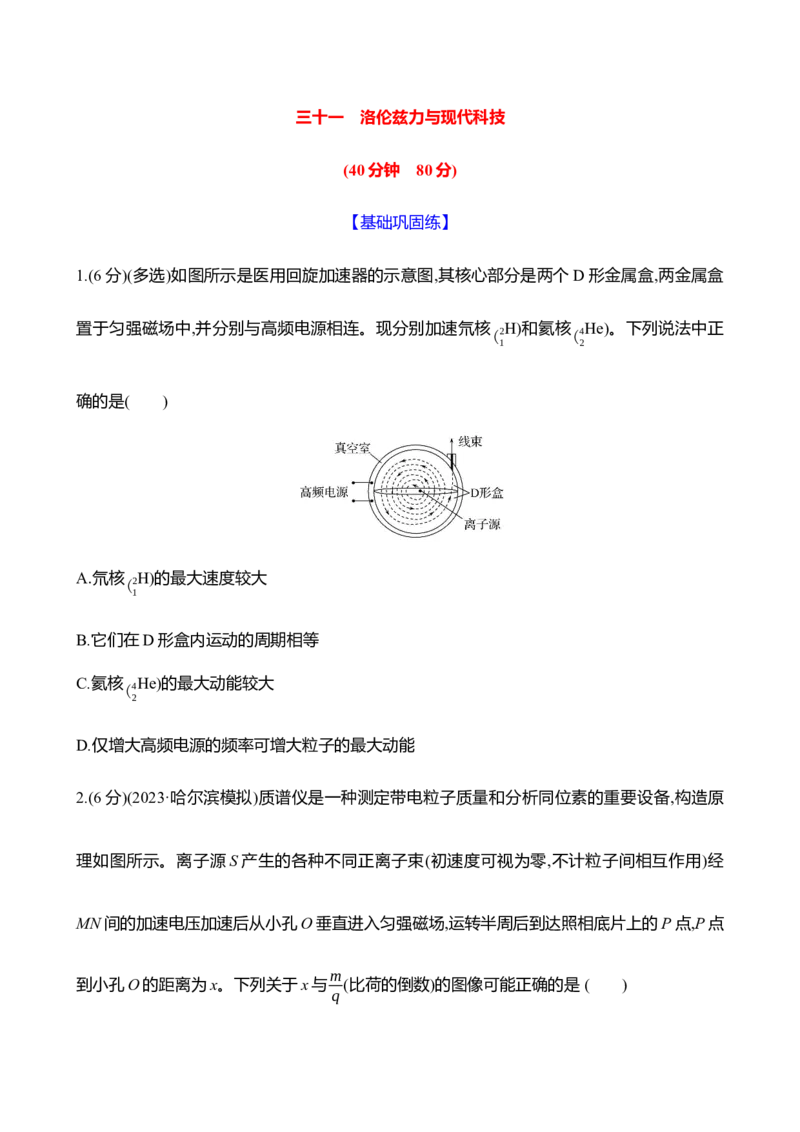 三十一：洛伦兹力与现代科技（含解析）_4.2025物理总复习_2025年新高考资料_专项复习_2025新高考物理核心素养测评（含解析）（完结）