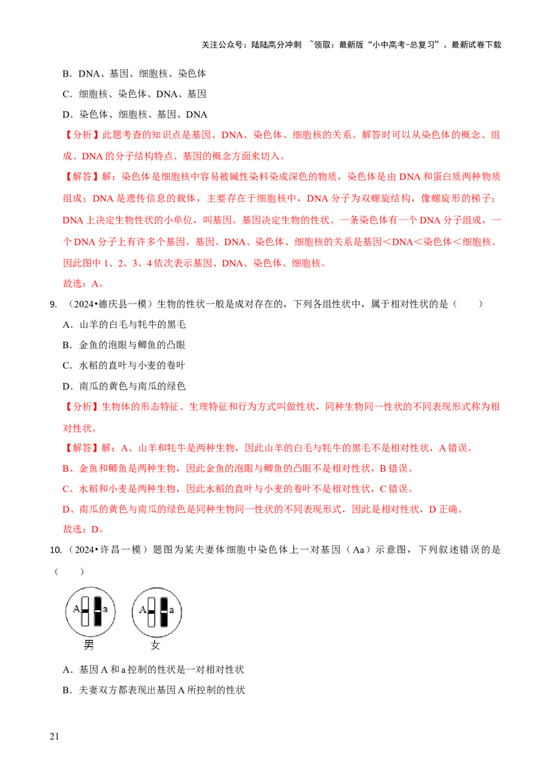 专题六遗传与进化（解析版）_02中考总复习（2026版更新中）_08-生物-中考总复习_2024年中考复习资料_三轮复习_查漏补缺2024年中考生物复习冲刺过关（全国通用）_查补知识&middot;通关练