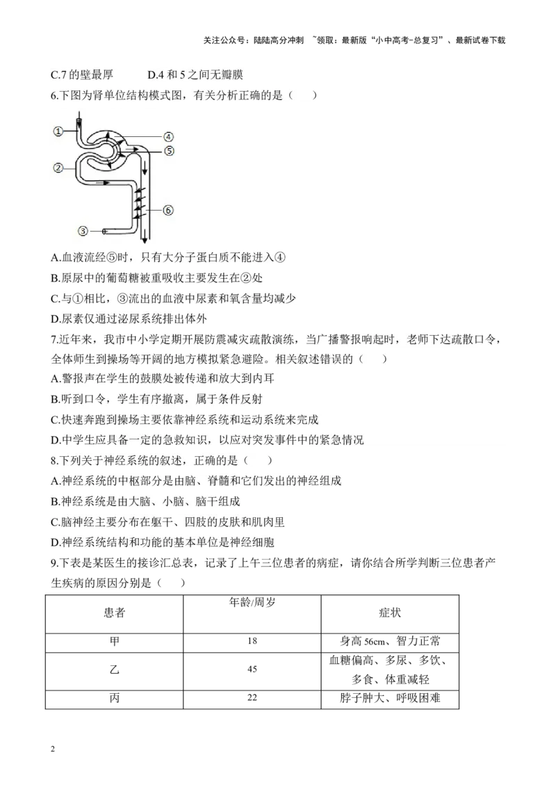 专题四生物圈中的人&mdash;&mdash;2025年中考生物二轮专题达标训练（含解析）_02中考总复习（2026版更新中）_08-生物-中考总复习_2025中考复习资料_2025年中考生物二轮专题达标训练(含解析)