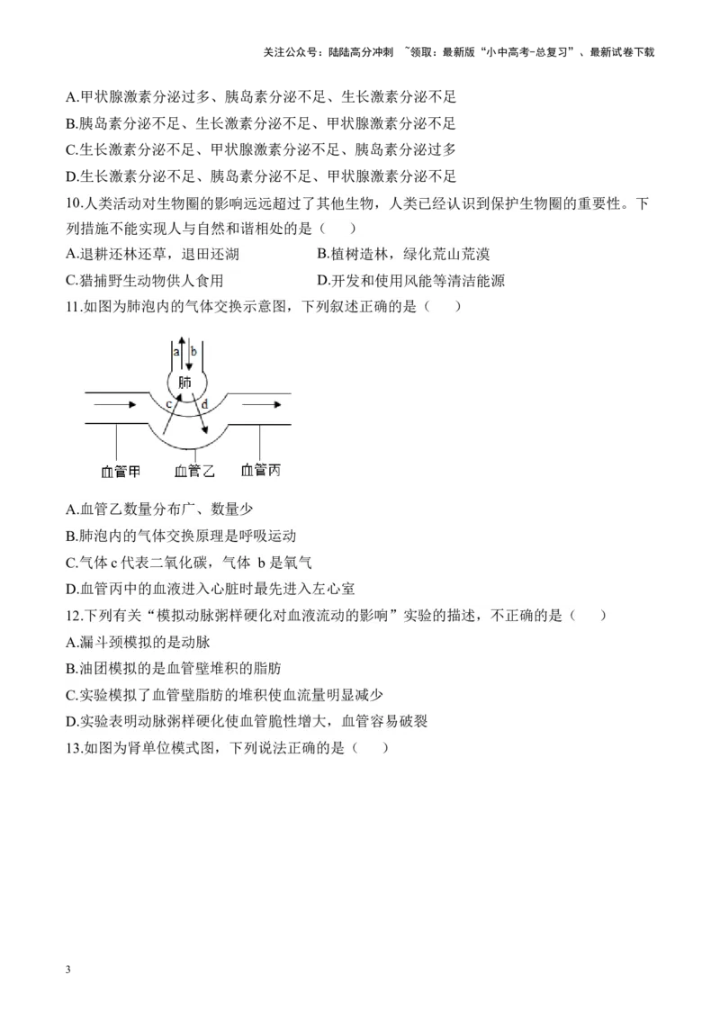 专题四生物圈中的人&mdash;&mdash;2025年中考生物二轮专题达标训练（含解析）_02中考总复习（2026版更新中）_08-生物-中考总复习_2025中考复习资料_2025年中考生物二轮专题达标训练(含解析)