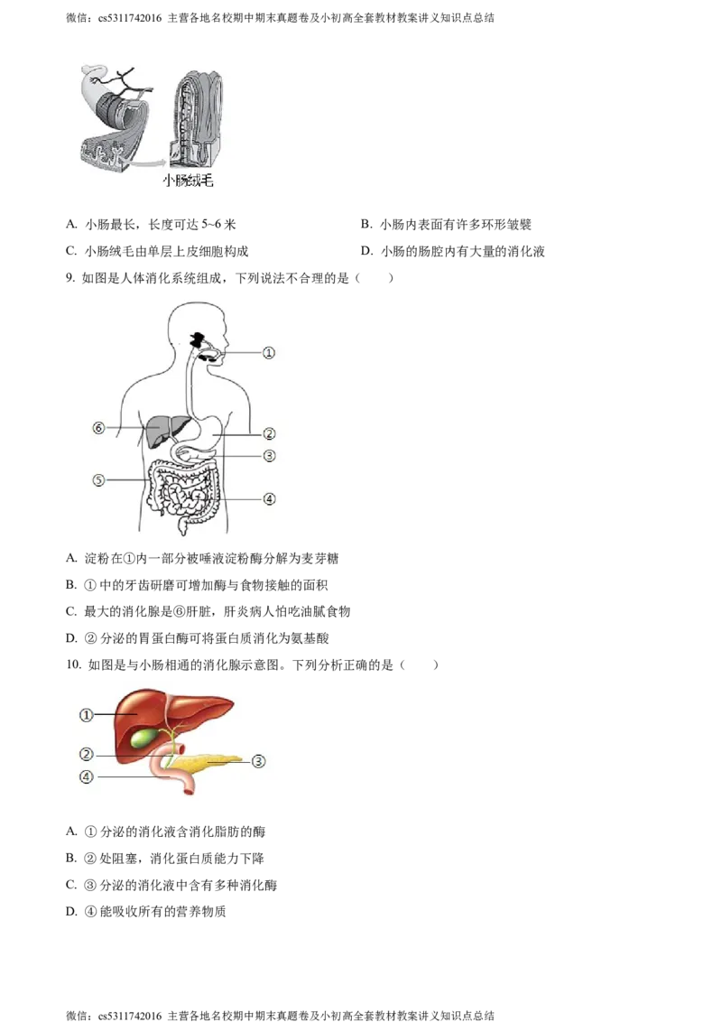 精品解析：北京市第二中学教育集团2023-2024学年七年级下学期生物期中试题（原卷版）(1)_北京初中期末题_C605-京七八九_B京生物七八九_北京7下生物_2022-2024_北京生物7下期中