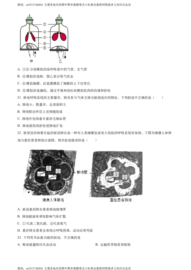 精品解析：北京市第二中学教育集团2023-2024学年七年级下学期生物期中试题（原卷版）(1)_北京初中期末题_C605-京七八九_B京生物七八九_北京7下生物_2022-2024_北京生物7下期中