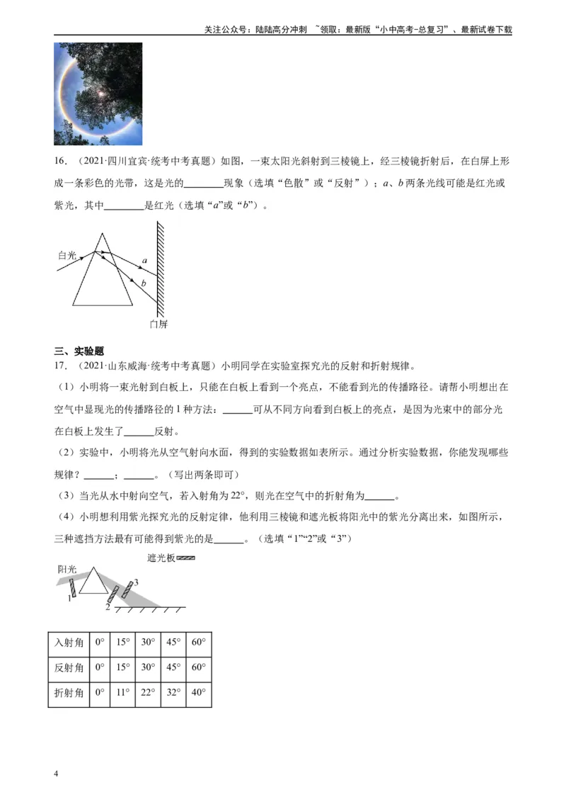 专题4光现象4.5光的色散（学生版）_02中考总复习（2026版更新中）_04-物理-中考总复习_2024年中考复习资料_专项复习资料_完三年（2021&mdash;2023）中考真题分项精编（全国通用）