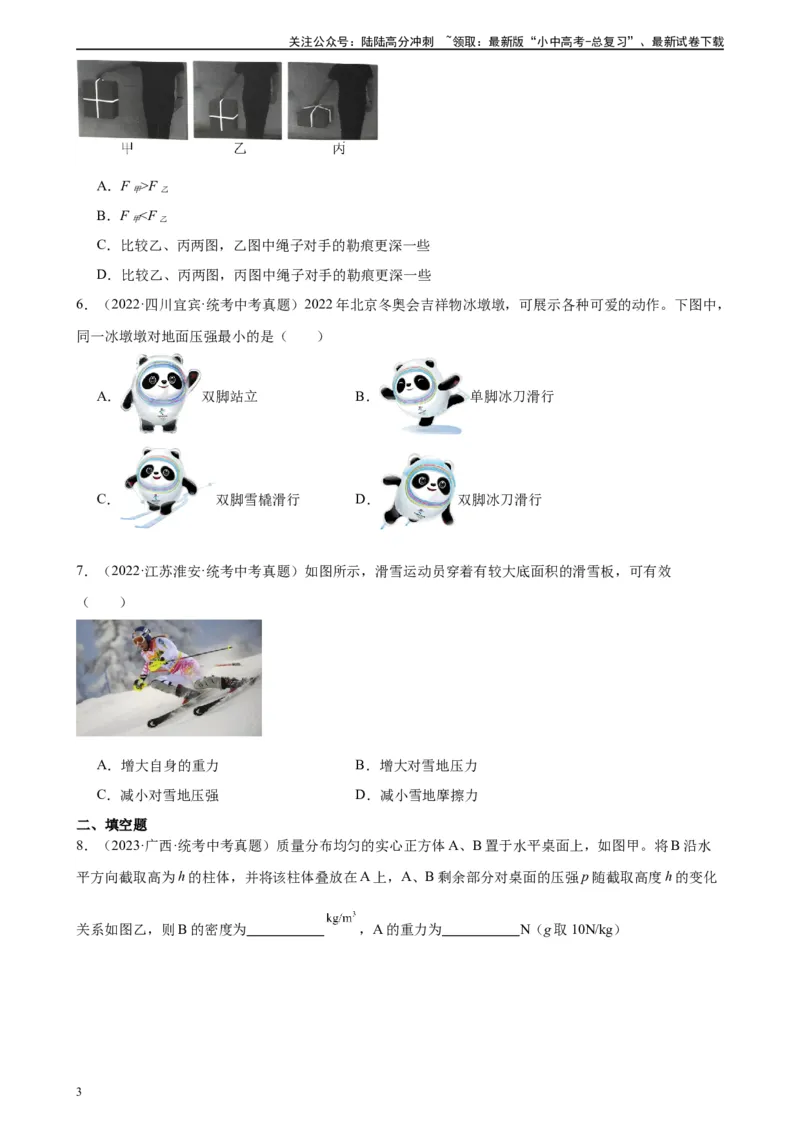 专题9压强9.1压强（学生版）_02中考总复习（2026版更新中）_04-物理-中考总复习_2024年中考复习资料_专项复习资料_完三年（2021&mdash;2023）中考真题分项精编（全国通用）