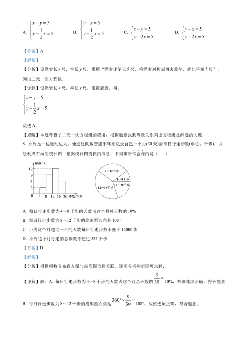 精品解析：北京市燕山区2021-2022学年七年级下学期期末数学试题（解析版）(1)_北京初中期末题_C605-京七八九_B京市数学七八九_北京7下数学_2021-2022
