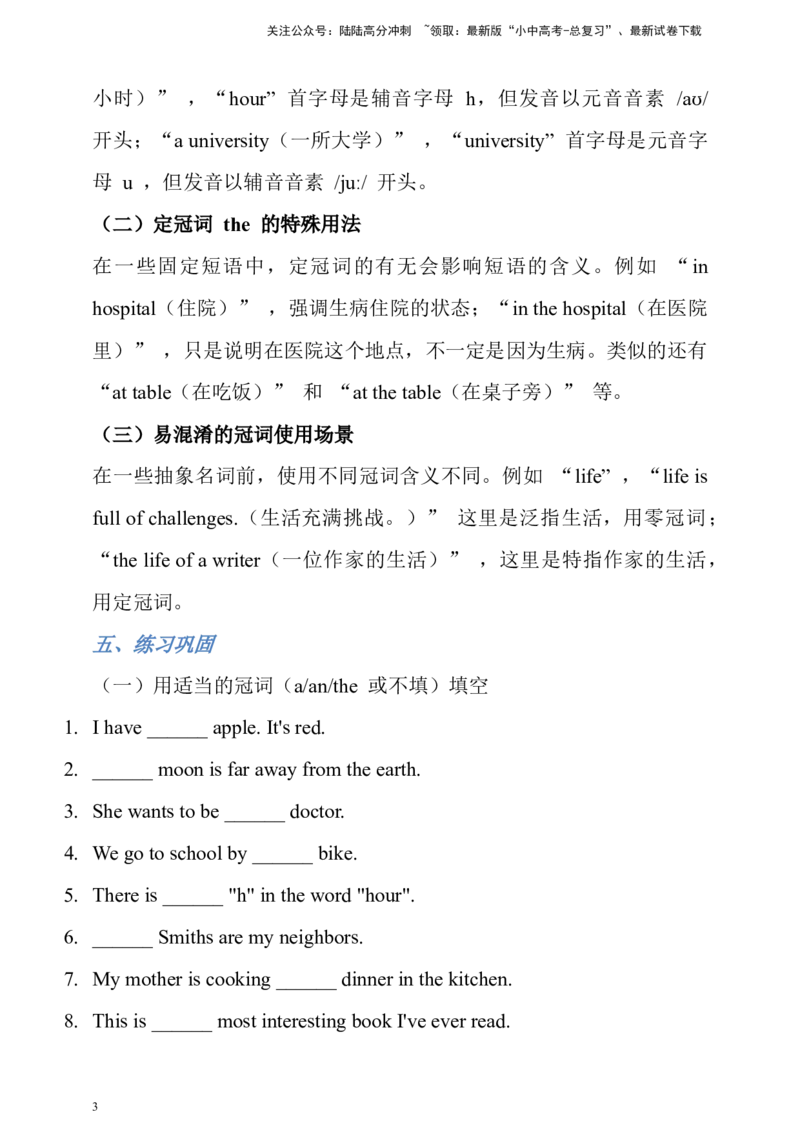 专题八冠词全解析+必刷题（含答案）-2025年中考英语专题复习_02中考总复习（2026版更新中）_03-英语-中考总复习_2025中考复习资料_2025年中考英语语法精讲精练（含答案）