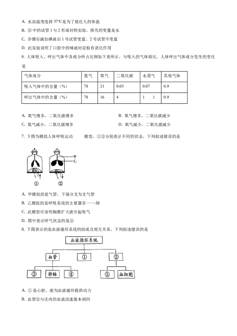 精品解析：北京市西城区2020-2021学年七年级下学期期末生物试题（原卷版）(1)_北京初中期末题_C605-京七八九_B京生物七八九_北京7下生物_2020-2021