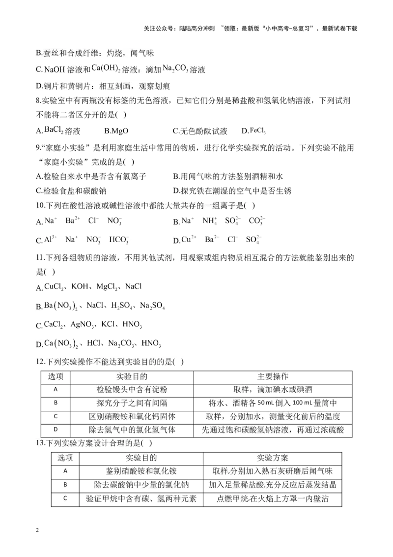 专题三物质的检验、鉴别、分离、除杂2025届中考化学二轮专题达标训练（含答案）_02中考总复习（2026版更新中）_05-化学-中考总复习_2025年中考复习资料