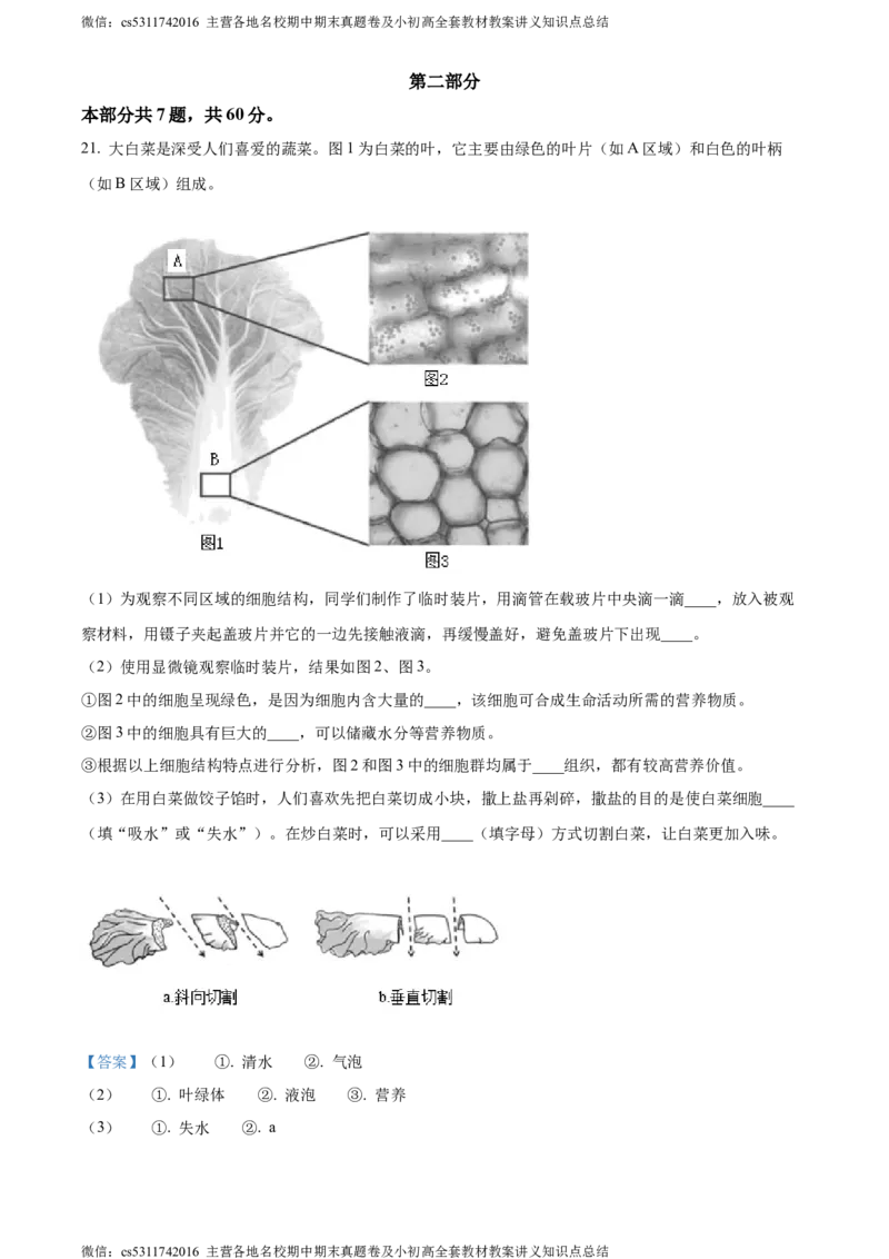 精品解析：北京市海淀区2023-2024学年七年级上学期期末生物试题（解析版）(1)_北京初中期末题_C605-京七八九_B京生物七八九_北京7上生物_2022-2024_北京生物7上期末