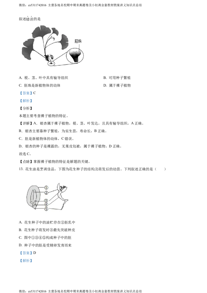 精品解析：北京市海淀区2023-2024学年七年级上学期期末生物试题（解析版）(1)_北京初中期末题_C605-京七八九_B京生物七八九_北京7上生物_2022-2024_北京生物7上期末
