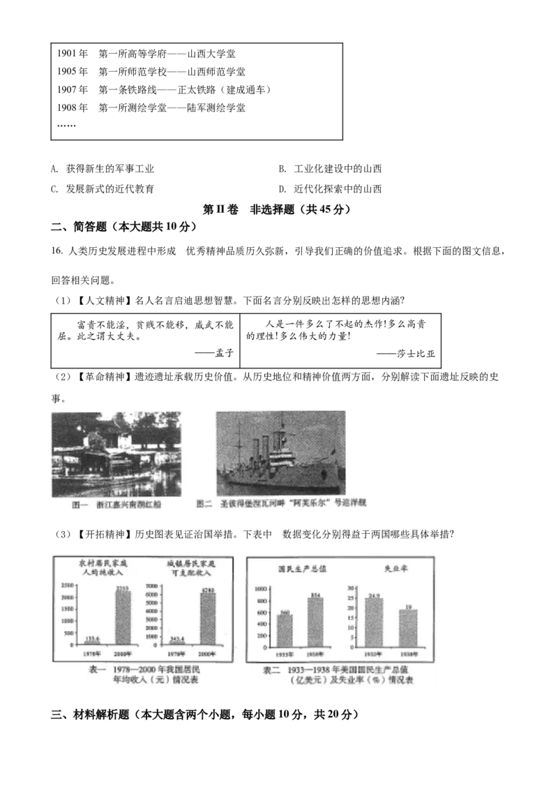 2022年山西省中考历史真题（空白卷）_❤山西历年中考真题_6.山西中考历史2008-2025