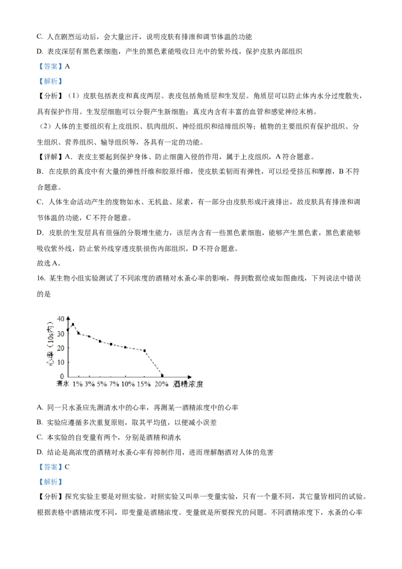 精品解析：北京市通州区2021-2022学年七年级下学期期末生物试题（解析版）(1)_北京初中期末题_C605-京七八九_B京生物七八九_北京7下生物_2021-2022