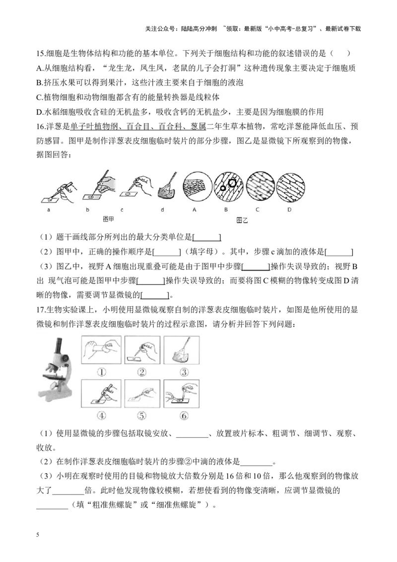 专题二生物体的结构层次&mdash;&mdash;2025年中考生物二轮专题达标训练（含解析）_02中考总复习（2026版更新中）_08-生物-中考总复习_2025中考复习资料_2025年中考生物二轮专题达标训练(含解析)