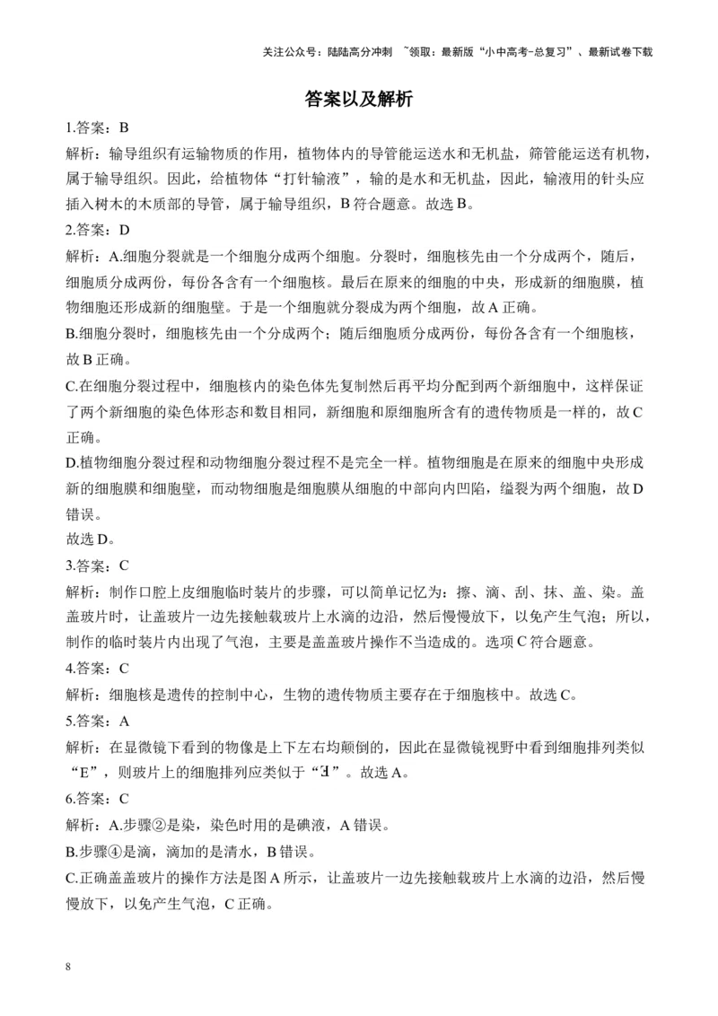 专题二生物体的结构层次&mdash;&mdash;2025年中考生物二轮专题达标训练（含解析）_02中考总复习（2026版更新中）_08-生物-中考总复习_2025中考复习资料_2025年中考生物二轮专题达标训练(含解析)