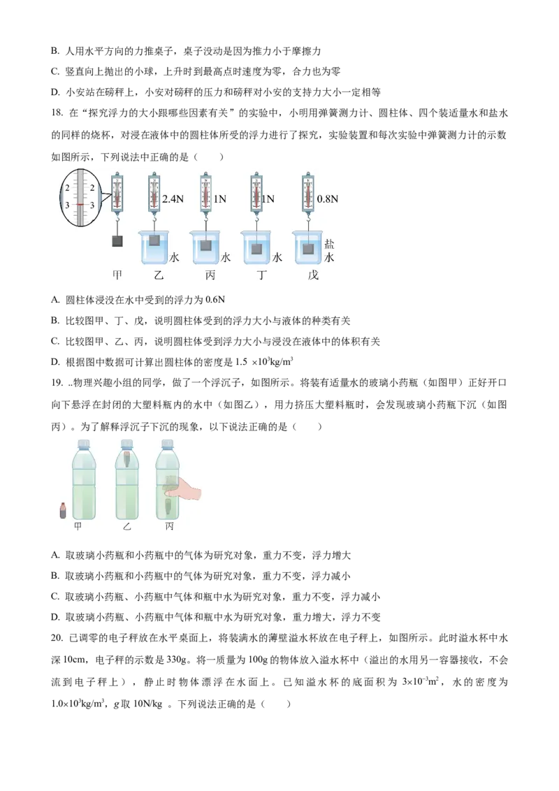 精品解析：北京市海淀区北京大学附属中学2021-2022学年八年级下学期期中物理试题（原卷版）(1)_北京初中期末题_C605-京七八九_B京物理八九_物理_八年级下学期物理_2022-2023之前