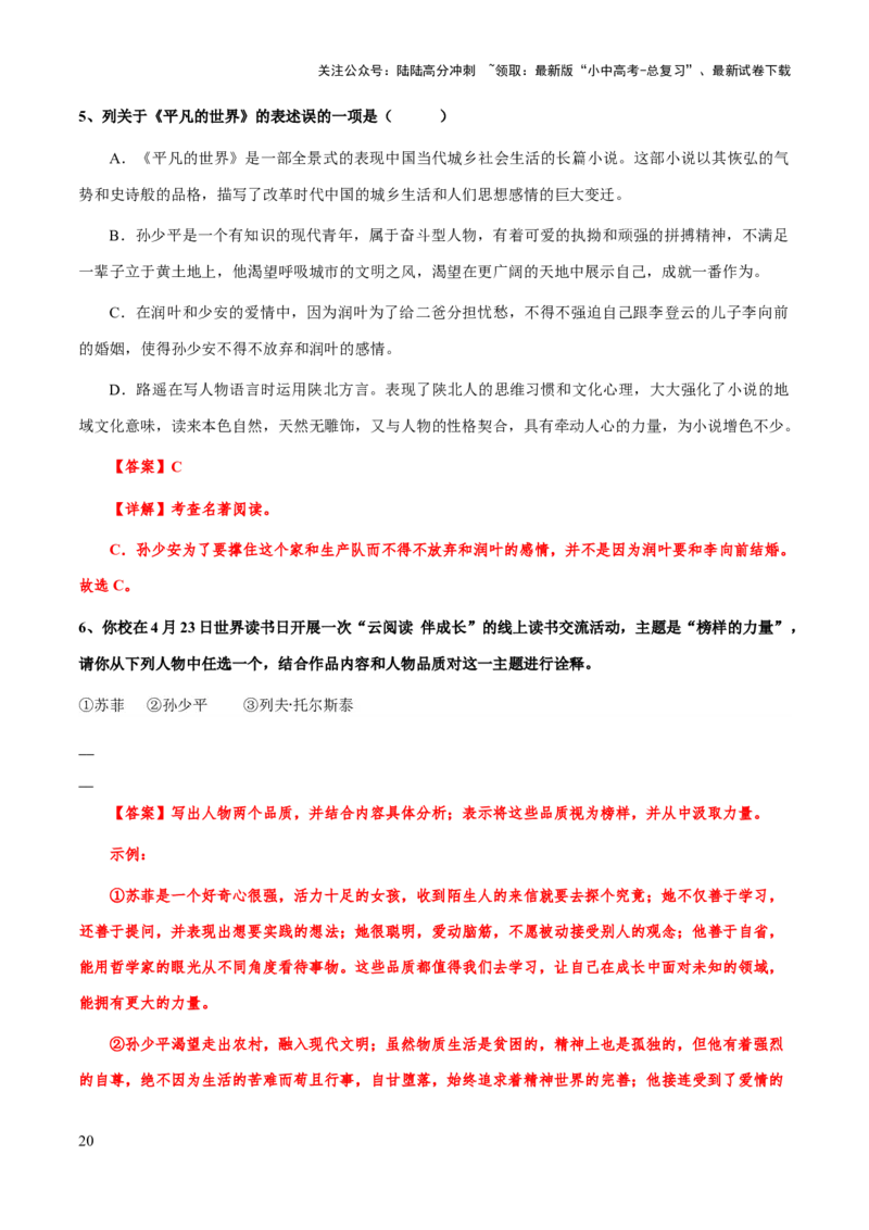 专题31《平凡的世界》（知识梳理+练习）(解析版）_02中考总复习（2026版更新中）_01-语文-中考总复习_2025年中考资料_备战2025年中考语文一轮复习考点突破（全国通用）