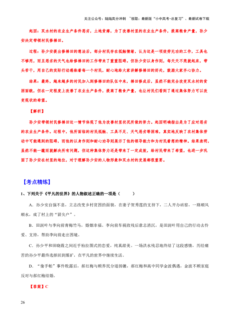 专题31《平凡的世界》（知识梳理+练习）(解析版）_02中考总复习（2026版更新中）_01-语文-中考总复习_2025年中考资料_备战2025年中考语文一轮复习考点突破（全国通用）