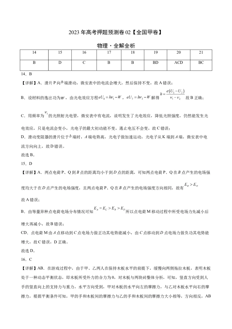 2023年高考押题预测卷02（全国甲卷）-物理（全解全析）_4.2025物理总复习_2023年新高复习资料_42023年高考物理押题预测卷