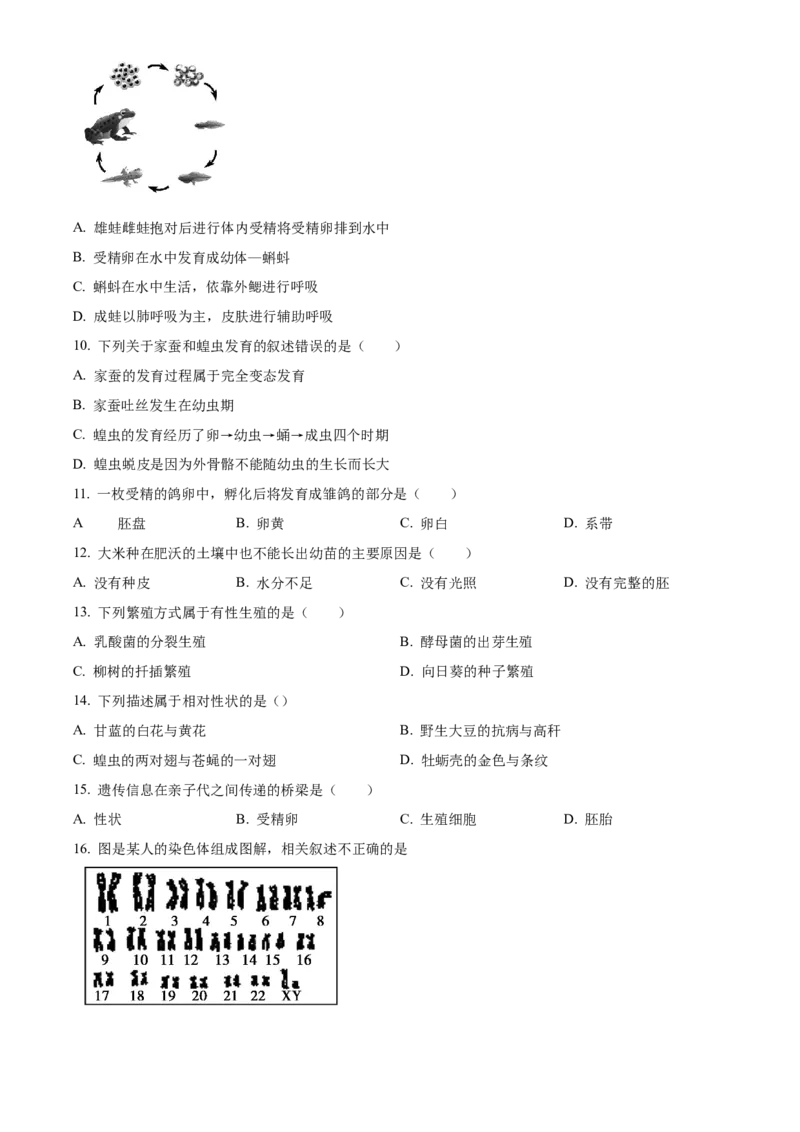 精品解析：北京市朝阳区2022-2023学年八年级上学期期末检测生物试题（选用）（原卷版）(1)_北京初中期末题_C605-京七八九_B京生物七八九_北京八上生物_2022-2023