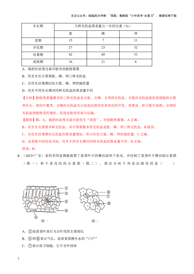 专题四植物的生活（解析版）_02中考总复习（2026版更新中）_08-生物-中考总复习_2024年中考复习资料_三轮复习_查漏补缺2024年中考生物复习冲刺过关（全国通用）_查补知识&middot;通关练